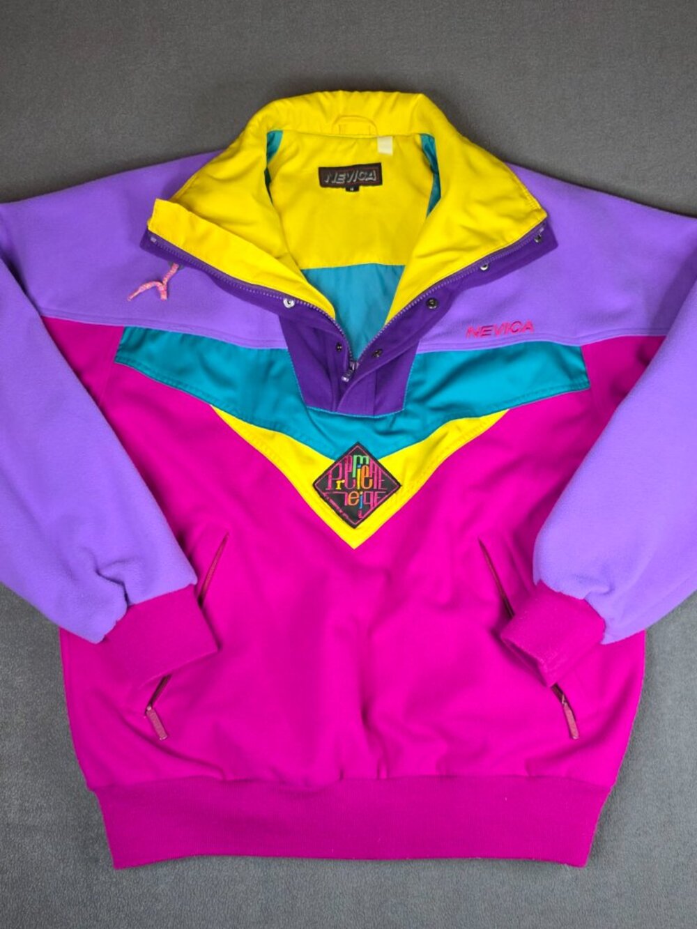 Vintage 90s Nevica Premiere Neige Neon Colorblock Ski Fleece Pullover M Retro
